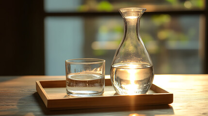 Still Life with Refreshment: A clear glass carafe and a tumbler filled with refreshing liquid on a wooden tray, subtly lit by natural light, suggesting purity and hydration.