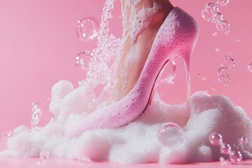 Foam high heels with bubbles on the bottom, pink background