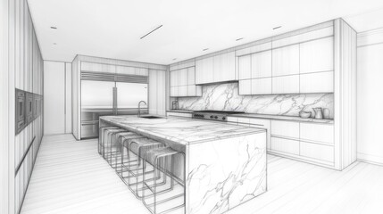 Modern kitchen design sketch, interior architectural drawing.