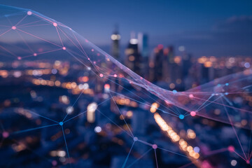 Abstract network graphic overlaying a blurred cityscape at night, symbolizing connectivity, global communication, or technological advancement