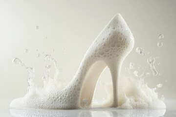 Hyper-realistic white foam high heels with bubbles and splashes
