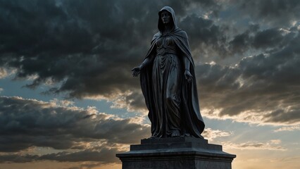 Fototapeta premium A statue of Futhilia, cloaked in drifting shadow clouds that erase all who touch