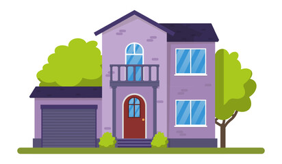 Modern purple two storey house with garage, balcony and large windows surrounded by trees and green lawn, real estate and comfortable living concept