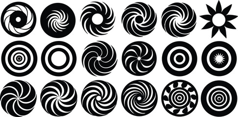 Set of spiral elements. Funnel icon collection. Black spiral decoration
