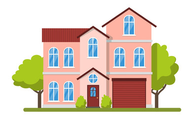 Fototapeta premium Modern pink suburban house with garage and garden representing comfortable lifestyle is surrounded by nature and includes arched windows, tiled roof and small porch