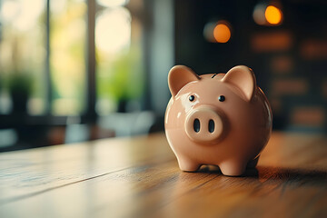 Pink piggy bank sits on a light brown table.