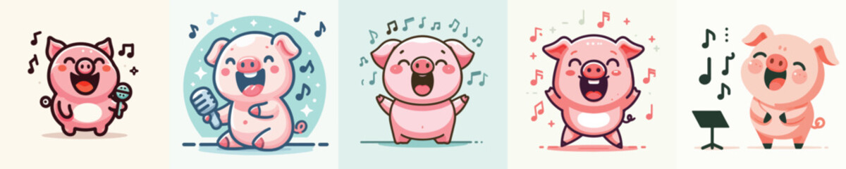 Vector of a cute little pig singing happily