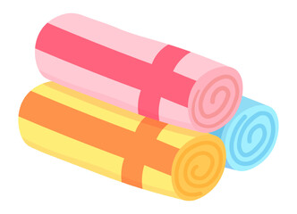 Colorful rolled beach towels forming a vibrant stack, eagerly awaiting vacationers on a sunny day, embodying the spirit of summer vacations and joyful holidays by the sea