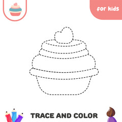 Trace and color cake.  Educational worksheet. Handwriting practice for kids