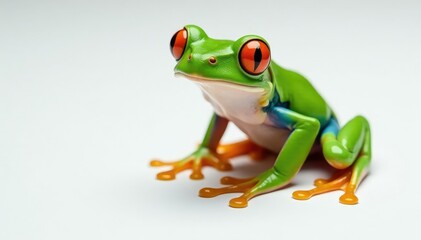 Obraz premium Green tree frog, perched on white, vibrant skin, macro, isolated, wildlife