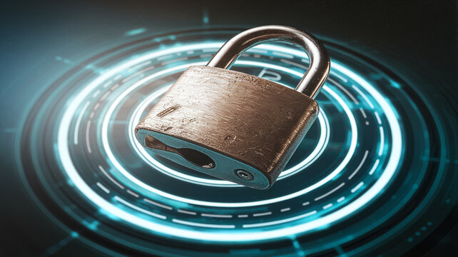 Metal padlock on a glowing teal circular background, symbolizing digital security, data protection, and online safety