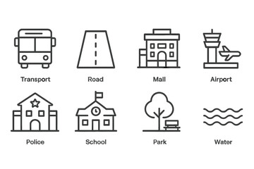 Vector illustration of various transportation and public locations including a bus, road, mall, airport, police station, school, park, and water