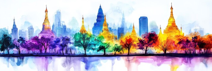 oil painting yangon, myanmar downtown skyline 