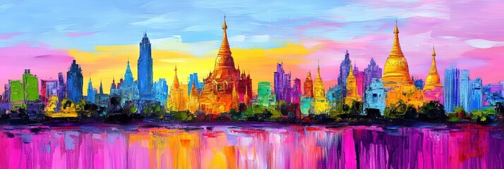 oil painting yangon, myanmar downtown skyline 