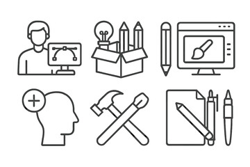 Obraz premium Creative tools for design and innovation in a modern workspace environment represented through vector illustrations