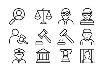 Vector illustration of legal icons including scales of justice, gavel, and law enforcement figures in a monochromatic design