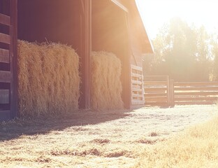 Hay bales in a barn at sunrise