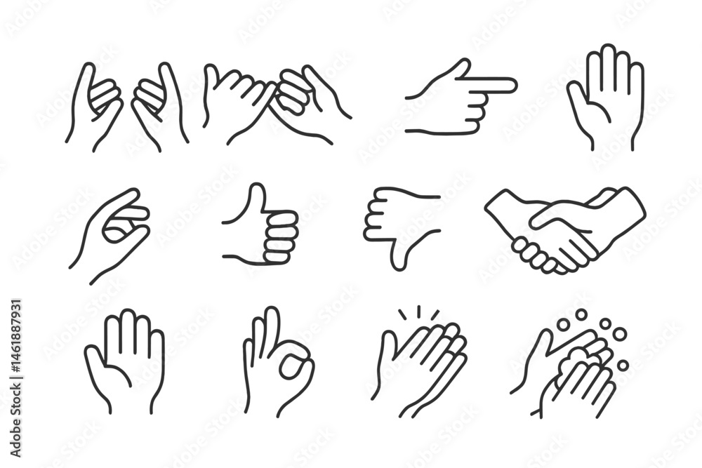Poster collection of vector hand gesture icons illustrating various expressions and interactions in a minim