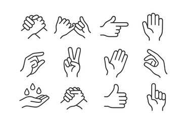 Obraz premium Vector illustration of hand gestures including pointing, peacemaking, and holding hands in a minimalistic design