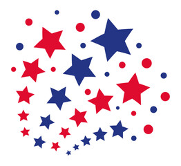 Red and blue five pointed stars of various sizes combined with red and blue dots of various sizes are rotating, creating a spiral shape on a clean white background