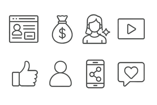 Vector illustration icons representing social media, finance, and user engagement activities relevant to a digital lifestyle