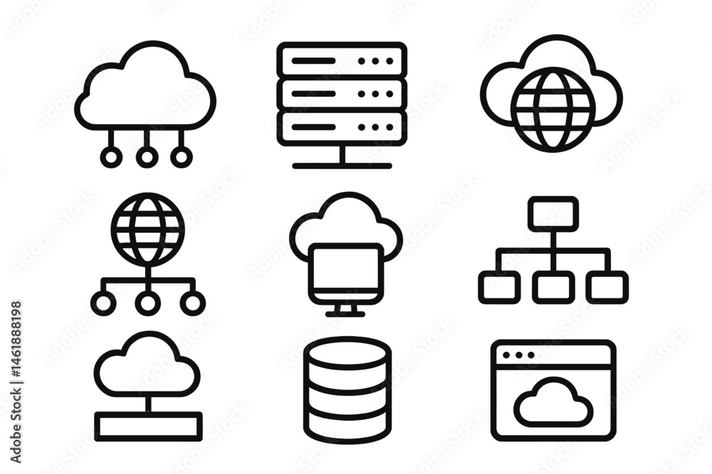 Poster vector illustration of cloud computing icons representing various aspects of digital networks and da
