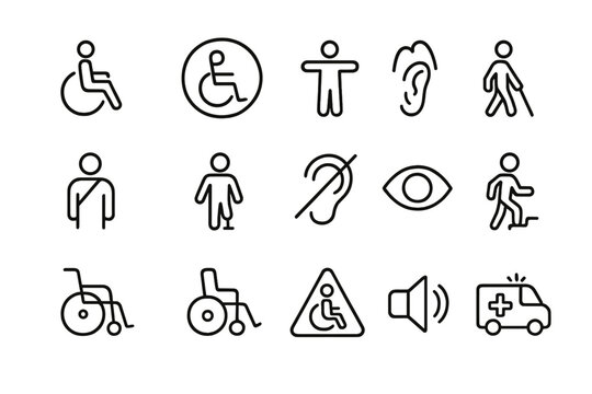 Vector illustration icons representing accessibility features for people with disabilities and mobility challenges in various settings
