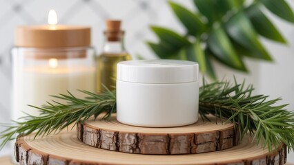 Herbal Beauty Cream Jar on Wooden Surface with Plant Decor