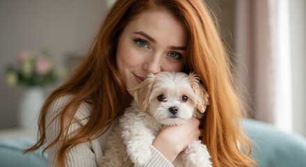 Woman holding her puppy and smiling at home  