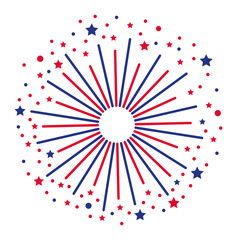 Red and blue firework exploding with small stars and dots on white background, perfect for celebrating United States holidays like Independence Day or Memorial Day