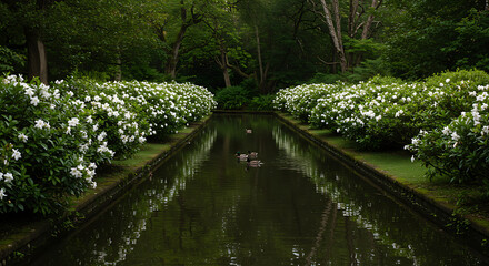 Fototapeta premium Ducks Swimming in Pond with White Flowers and Greenery