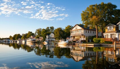 Obraz premium Quaint waterfront homes reflected in calm water