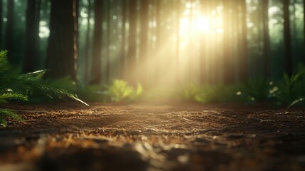 A tranquil forest pathway softly illuminated by sunlight creates an inviting atmosphere, beckoning one to explore the serene beauty of the woods and connect with nature.
