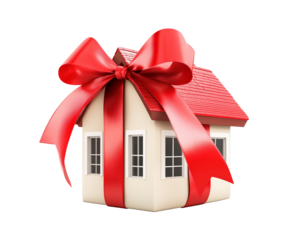 A model of a house wrapped with a gift wrap, real estate, rental investment, house purchase, apartment.