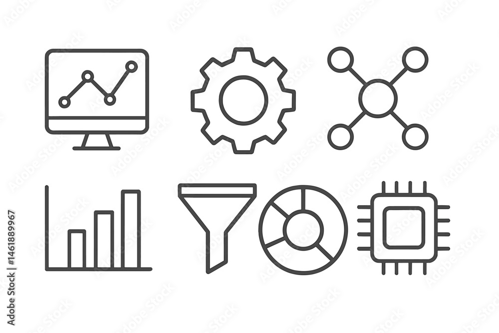 Poster vector illustration of various data and technology icons representing analytics, processing, and sys