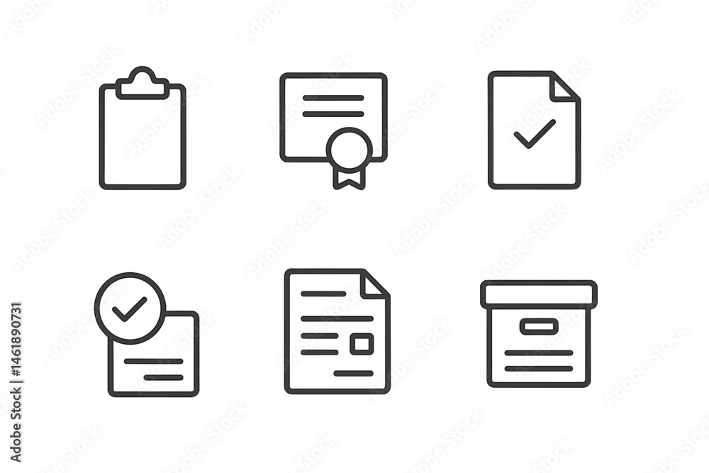 Poster simple vector icons representing documents, certificates, and checklists suitable for various applic