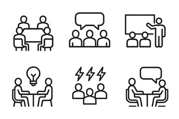 Vector illustrations of group activities including meetings, presentations, and brainstorming sessions