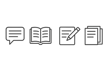Vector illustration icons representing communication, reading, writing, and documentation in a minimalist style