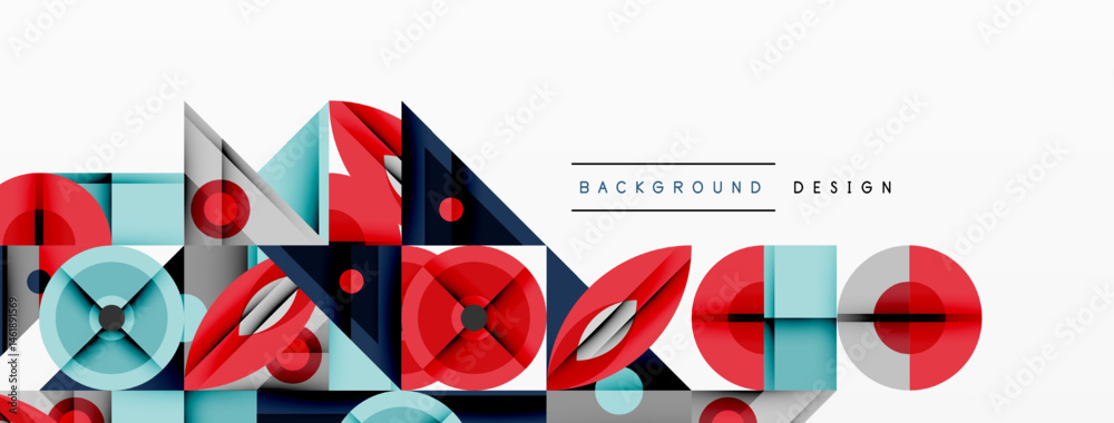 Poster abstract geometric shapes, vibrant colors, modern design. red, blue, teal elements create dynamic co