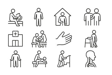 Vector illustration of human interactions in healthcare and rehabilitation activities representing various patient support scenarios