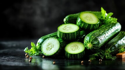 This image features a stack of whole cucumbers with some sliced, showcasing their vibrant green color, texture, and nutritious appeal for healthy meals.