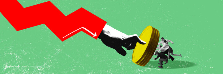 Team of people holding heavy coin pushed by red arrow hand symbolizing system pressure and collapse. Conceptual design. Concept of crisis, finances, economy, global crisis. Photocopy effect