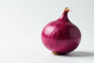Fototapeta premium Perfectly centered red onion, smooth skin, stark white backdrop, ingredient, isolated