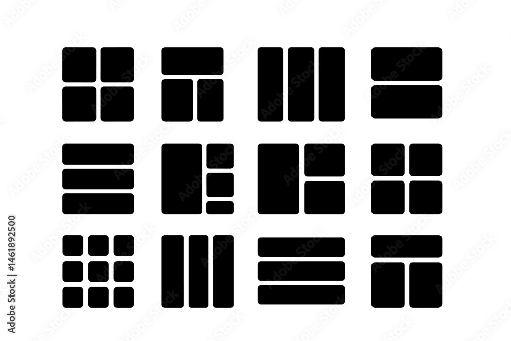 Poster abstract vector illustration of black shapes arranged in a grid pattern representing various design 