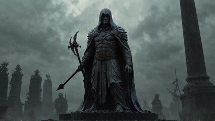 Fototapeta premium A statue of Merios, mist collecting at his cloak’s edge, guiding nameless dead home