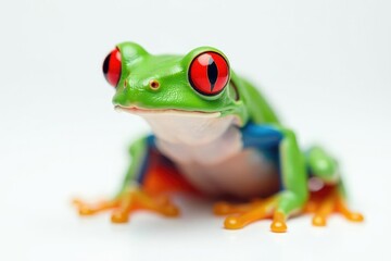 Obraz premium Single red-eyed tree frog on pure white backdrop, animal, fauna