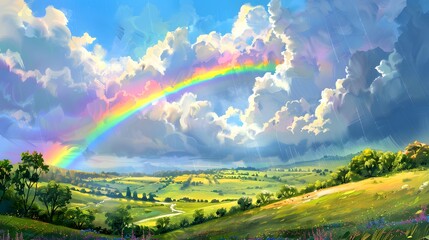 Obraz premium Rainbow After Storm: A vibrant rainbow arching across the sky after a rainstorm. 