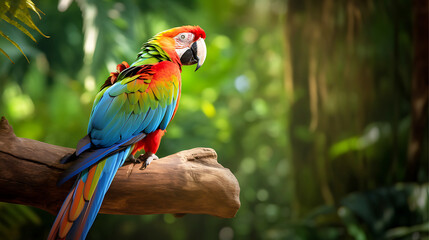 Obraz premium Full-Body Parrot Perched on Tree Branch in Rainforest