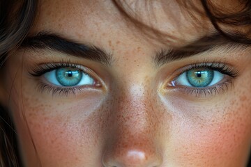 Fototapeta premium Closeup Freckled Face with Blue Eyes, and Woman Portrait.