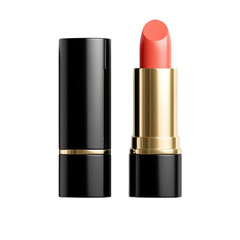 Luxurious coral lipstick with black and gold packaging for elegant beauty